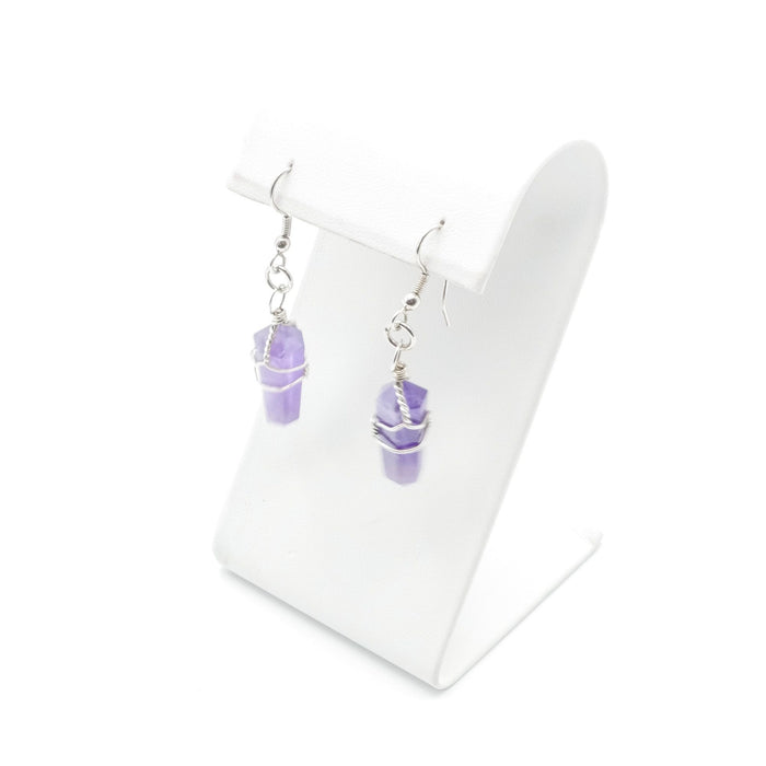 Amethyst Crystal Point Dangle Earrings Handwired Silver Tone Chakra Style