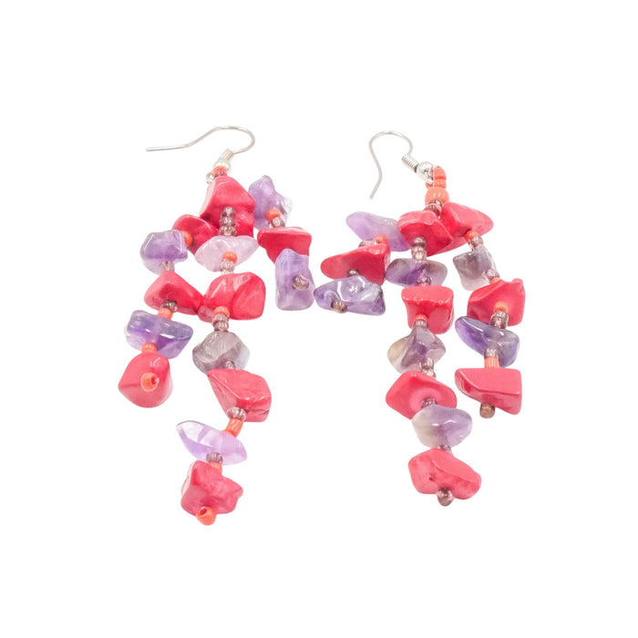 Amethyst Red Coral Chip Dangle Earrings 3.25" Silver Tone Long Drop