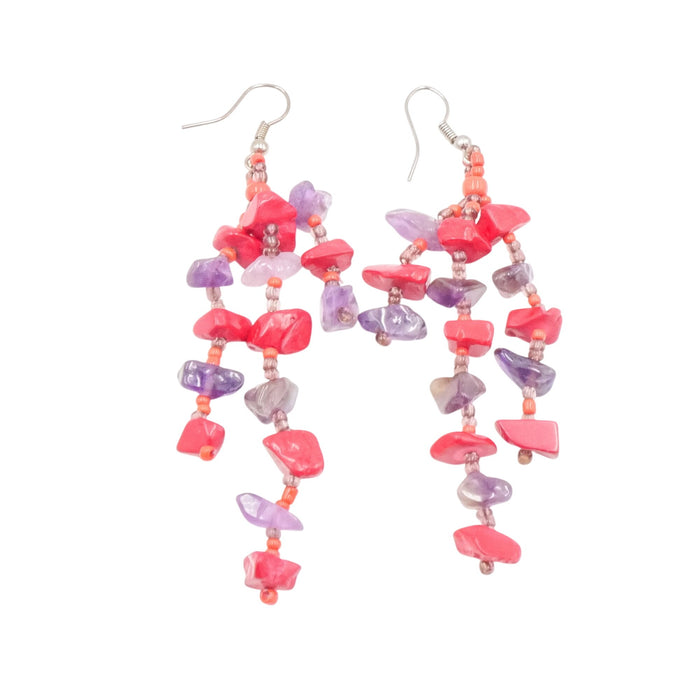 Amethyst Red Coral Chip Dangle Earrings 3.25" Silver Tone Long Drop