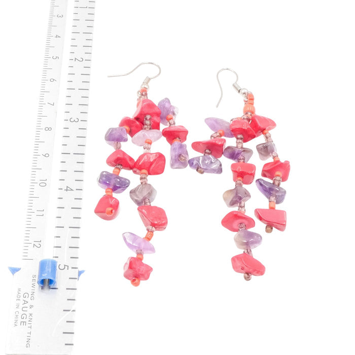 Amethyst Red Coral Chip Dangle Earrings 3.25" Silver Tone Long Drop