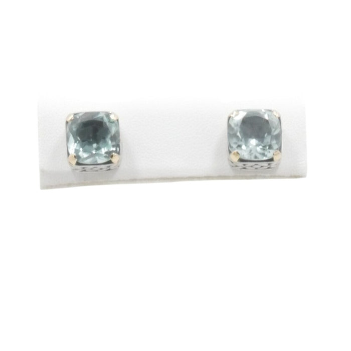 Aquamarine Cushion Cut Stud Earrings Sterling Silver 18K Gold Accent Designer Style