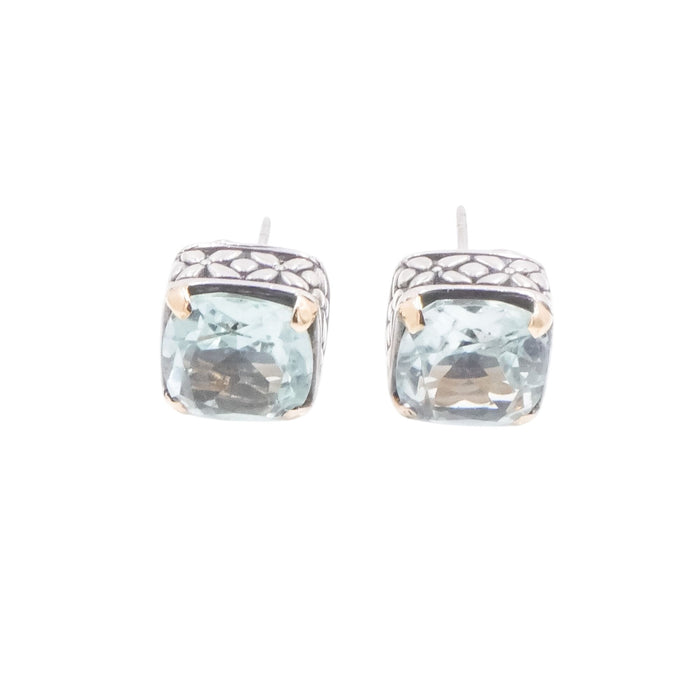 Aquamarine Cushion Cut Stud Earrings Sterling Silver 18K Gold Accent Designer Style