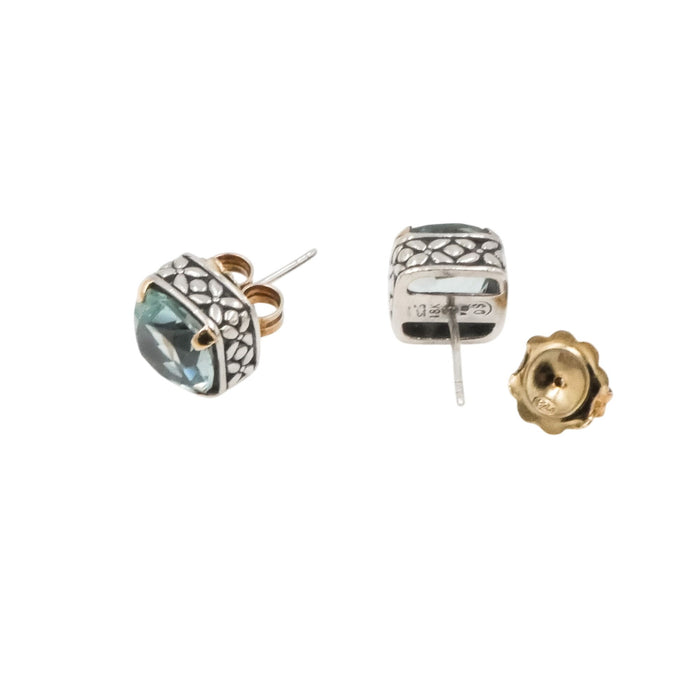 Aquamarine Cushion Cut Stud Earrings Sterling Silver 18K Gold Accent Designer Style