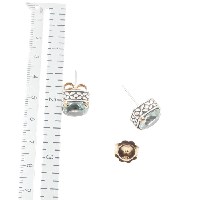 Aquamarine Cushion Cut Stud Earrings Sterling Silver 18K Gold Accent Designer Style