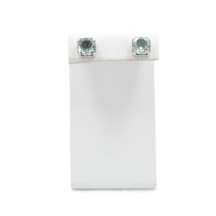 Aquamarine Cushion Cut Stud Earrings Sterling Silver 18K Gold Accent Designer Style