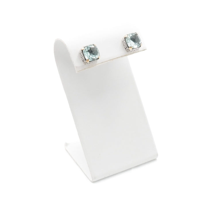 Aquamarine Cushion Cut Stud Earrings Sterling Silver 18K Gold Accent Designer Style