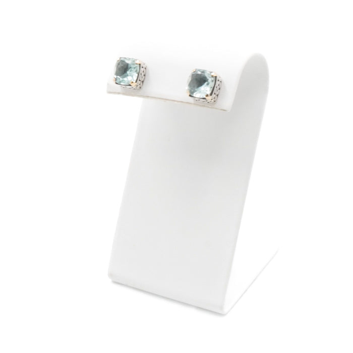 Aquamarine Cushion Cut Stud Earrings Sterling Silver 18K Gold Accent Designer Style