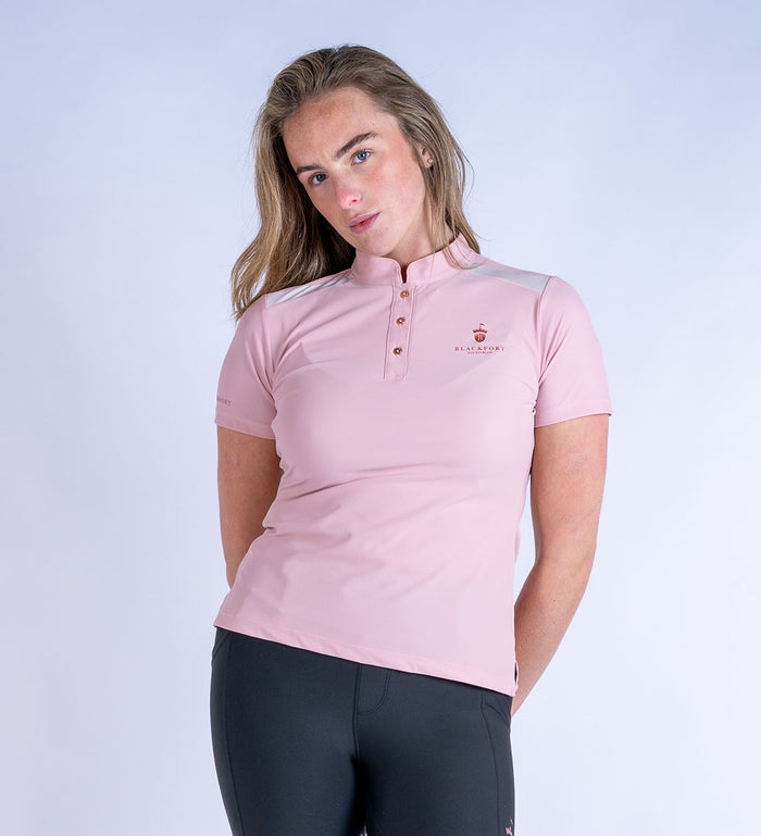 Blackfort Equestrian women's Astrid pink polo shirt t-shirt rose gold buttons