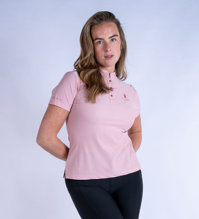 Blackfort Equestrian women's Astrid pink polo shirt t-shirt rose gold buttons