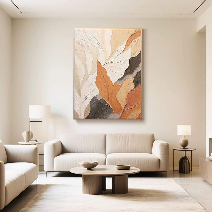Modern Botanical Canvas Wall Art - Beige and Orange Abstract Leaf Artwork for Bedroom or Living Room - Autumn Leaves - Hues Art Lab