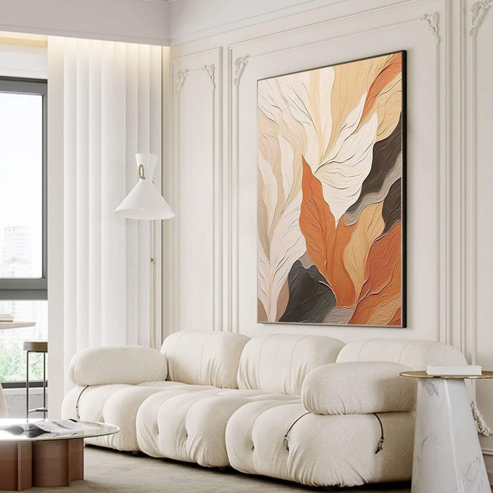 Modern Botanical Canvas Wall Art - Beige and Orange Abstract Leaf Artwork for Bedroom or Living Room - Autumn Leaves - Hues Art Lab