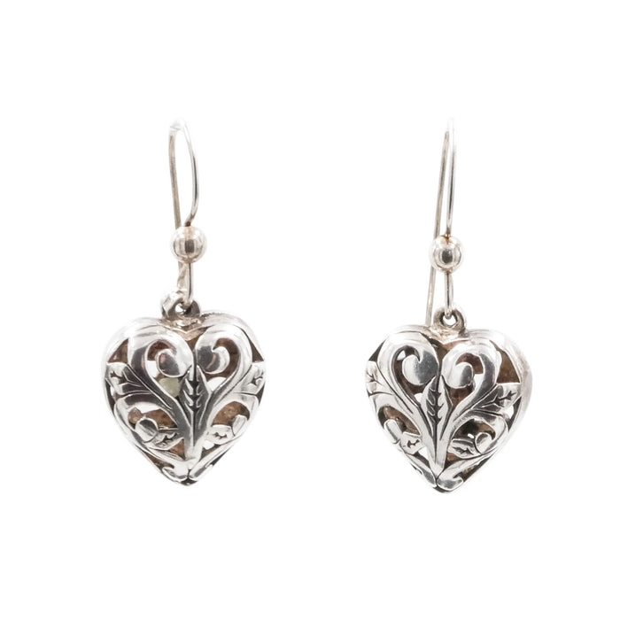 Bali Inspired Sterling Silver Scrollwork Heart Dangle Earrings 1 1/4 Inches