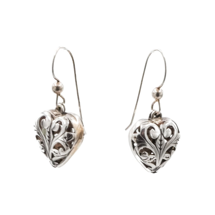 Bali Inspired Sterling Silver Scrollwork Heart Dangle Earrings 1 1/4 Inches