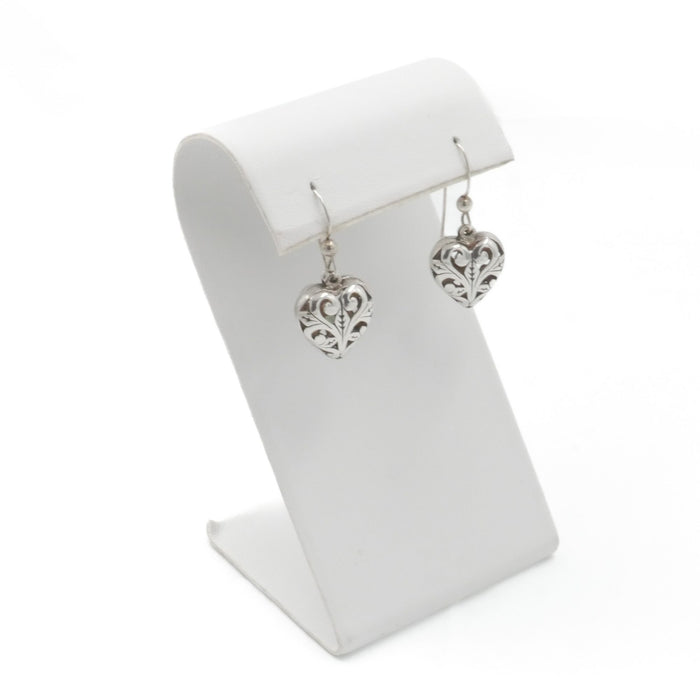 Bali Inspired Sterling Silver Scrollwork Heart Dangle Earrings 1 1/4 Inches