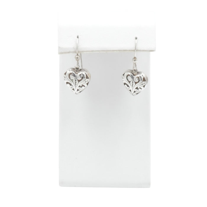 Bali Inspired Sterling Silver Scrollwork Heart Dangle Earrings 1 1/4 Inches
