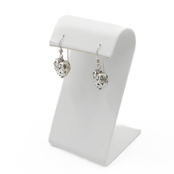 Bali Inspired Sterling Silver Scrollwork Heart Dangle Earrings 1 1/4 Inches