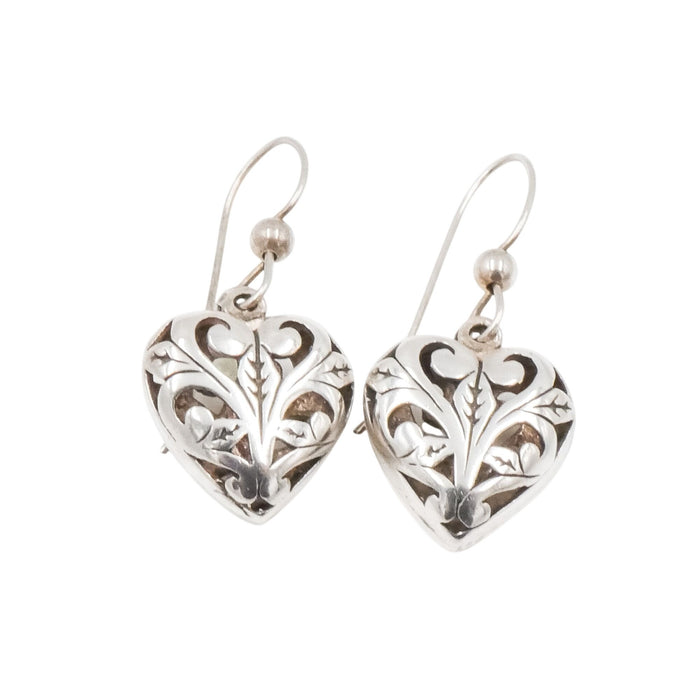 Bali Inspired Sterling Silver Scrollwork Heart Dangle Earrings 1 1/4 Inches