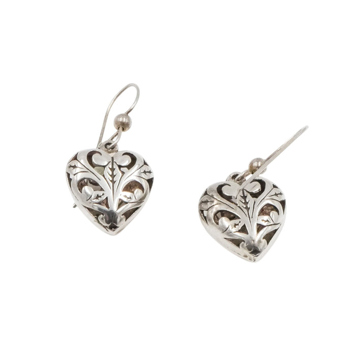 Bali Inspired Sterling Silver Scrollwork Heart Dangle Earrings 1 1/4 Inches