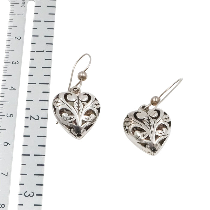 Bali Inspired Sterling Silver Scrollwork Heart Dangle Earrings 1 1/4 Inches