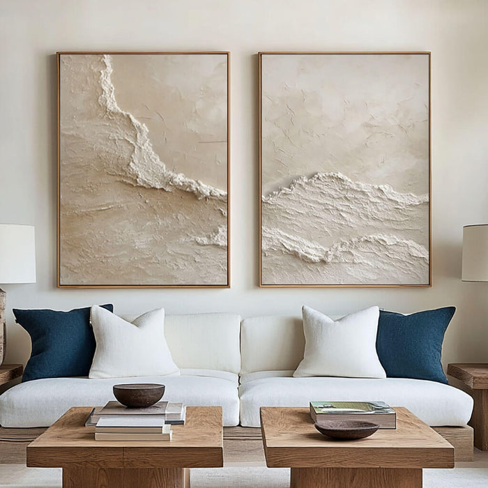 3D Textured Abstract Art Set of 2 - Beige Ocean Waves - Hues Art Lab