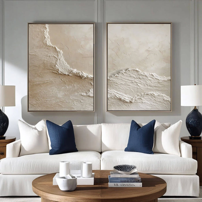 3D Textured Abstract Art Set of 2 - Beige Ocean Waves - Hues Art Lab