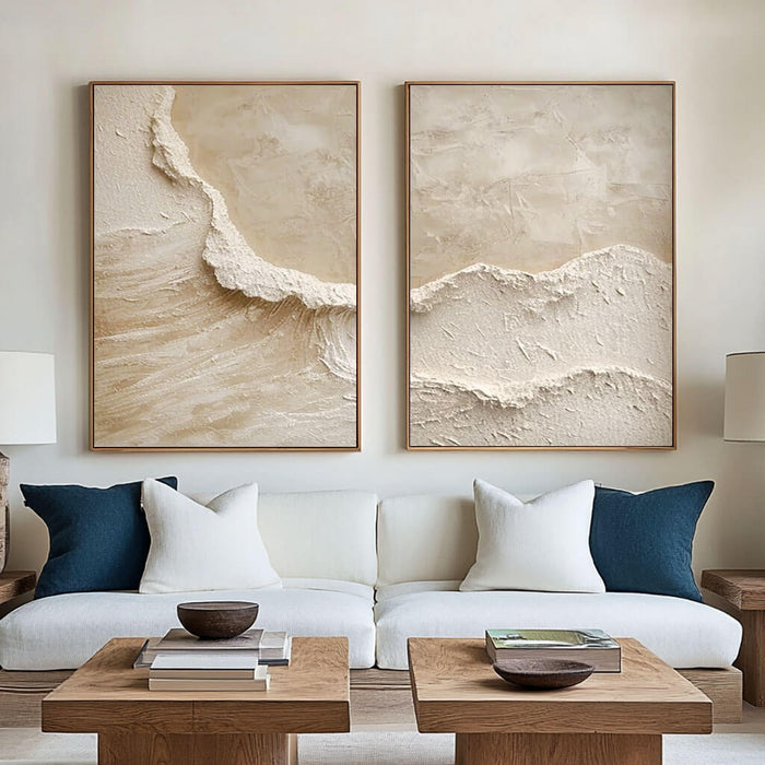 3D Textured Abstract Art Set of 2 - Beige Ocean Waves I - Hues Art Lab