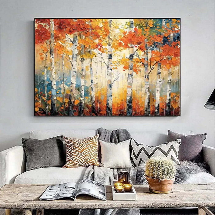 Birchfire abstract fall landscape with birch trees by Hues Art Lab