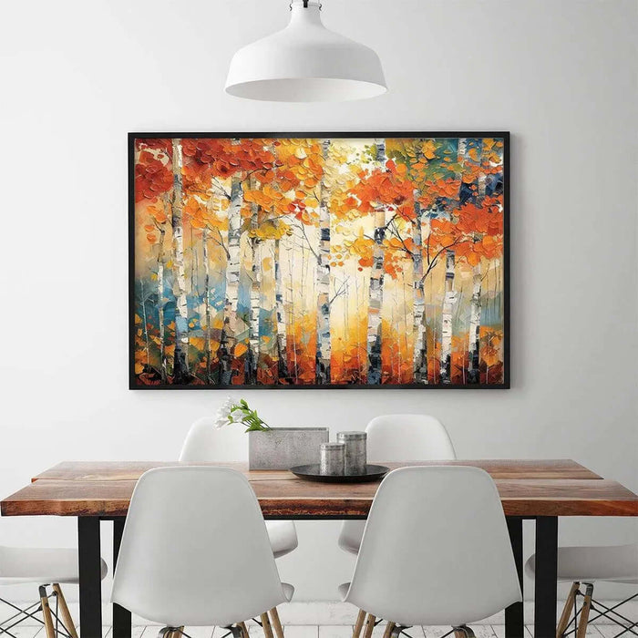 Birchfire framed landscape canvas print styled in a warm modern room