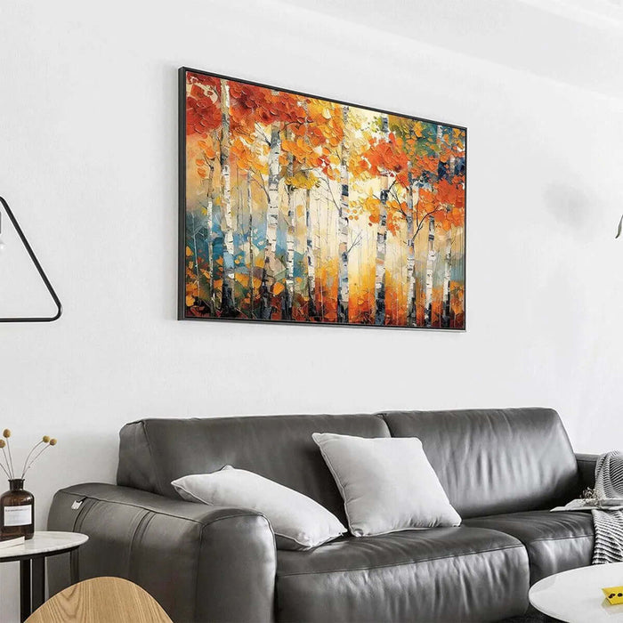 Birchfire abstract painting with birch trees and glowing autumn tones