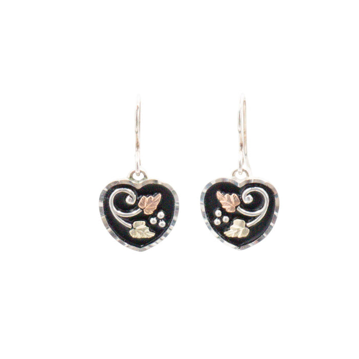Black Hills Sterling Silver 0.75 Inch Antiqued Heart Dangle Earrings with 12K Gold Leaves