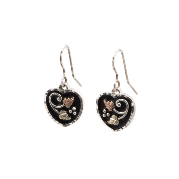 Black Hills Sterling Silver 0.75 Inch Antiqued Heart Dangle Earrings with 12K Gold Leaves