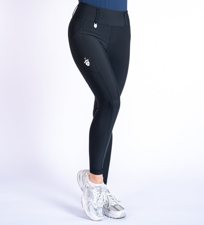 Women's Blackfort Equestrian black summer riding tights leggings two deep phone pockets belt loops full silicone seat