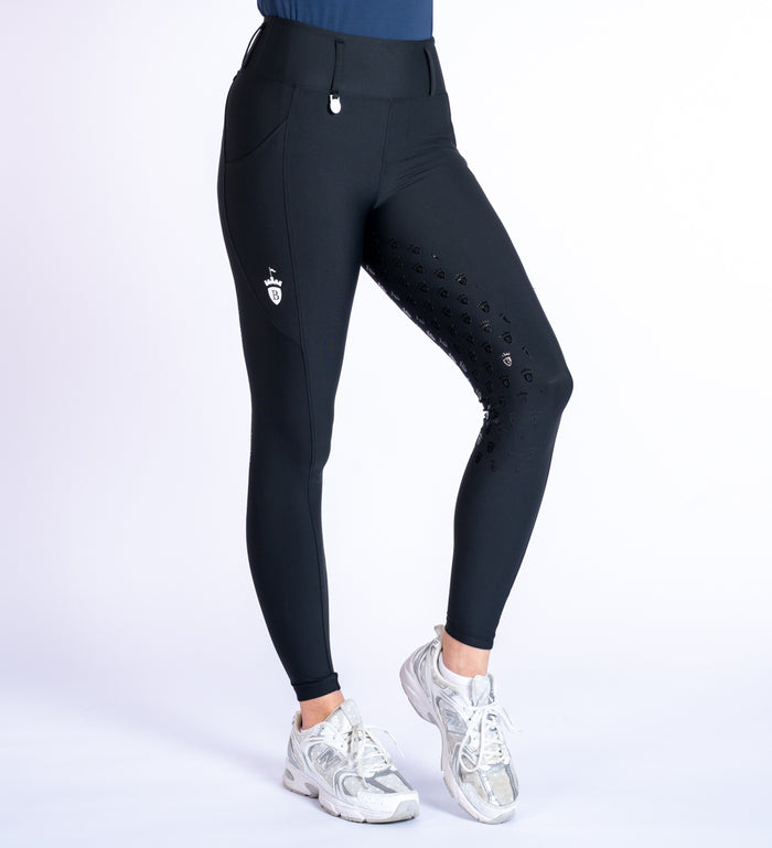 Women's Blackfort Equestrian black summer riding tights leggings two deep phone pockets belt loops full silicone seat