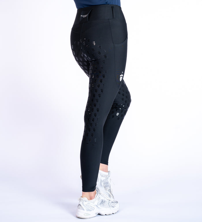 Women's Blackfort Equestrian black summer riding tights leggings two deep phone pockets belt loops full silicone seat