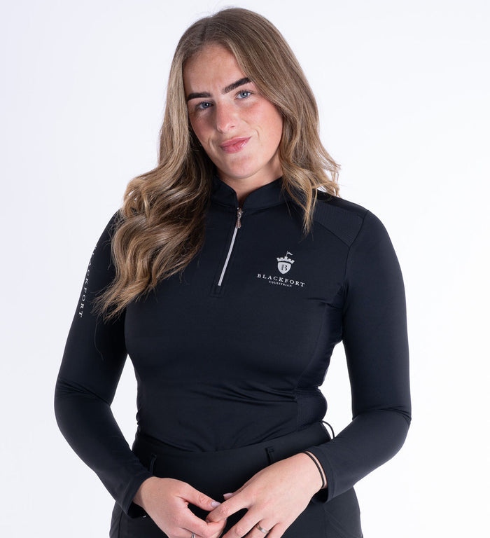 Women's Blackfort Equestrian black long sleeve base layer cool mesh silver zip