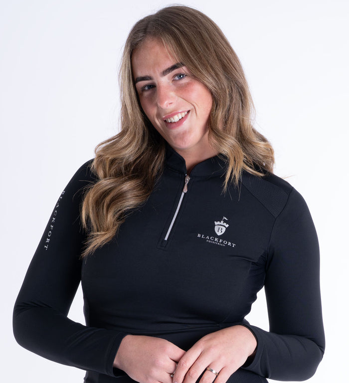 Women's Blackfort Equestrian black long sleeve base layer cool mesh silver zip