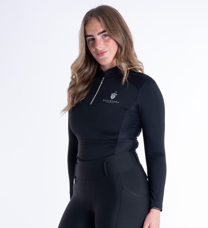 Women's Blackfort Equestrian black long sleeve base layer cool mesh silver zip
