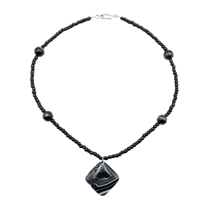 Black Striped Agate Beaded Necklace – 17 Inches