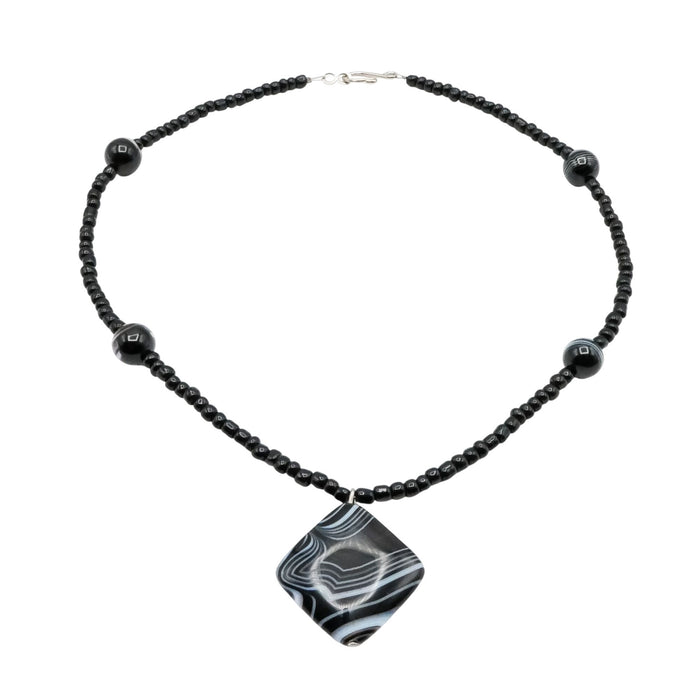 Black Striped Agate Beaded Necklace – 17 Inches