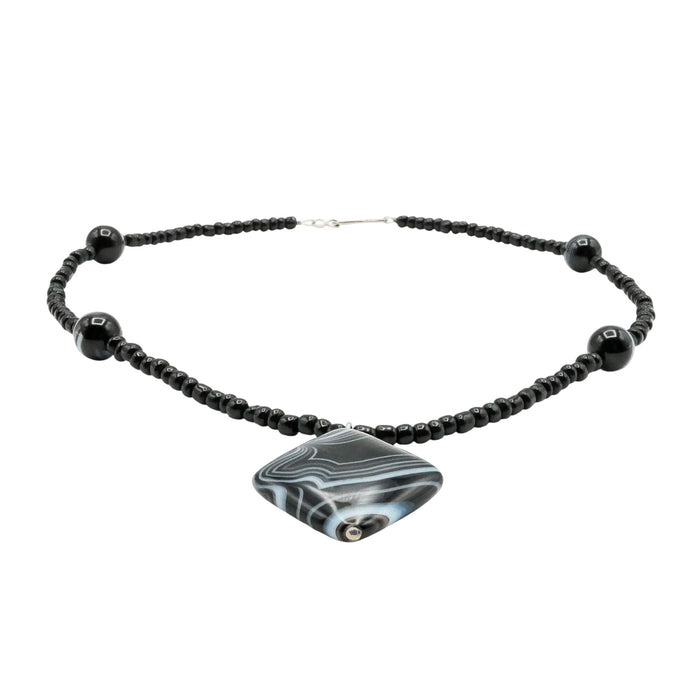 Black Striped Agate Beaded Necklace – 17 Inches