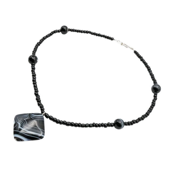 Black Striped Agate Beaded Necklace – 17 Inches
