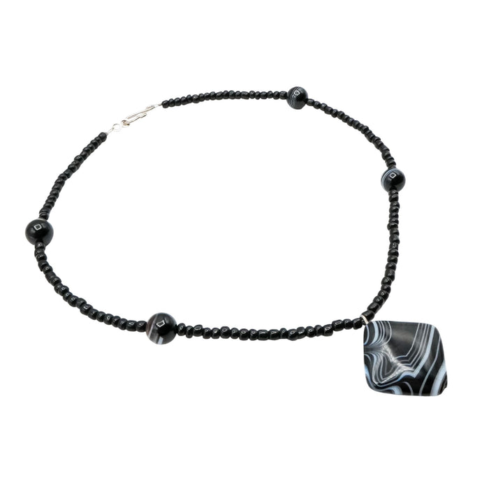 Black Striped Agate Beaded Necklace – 17 Inches