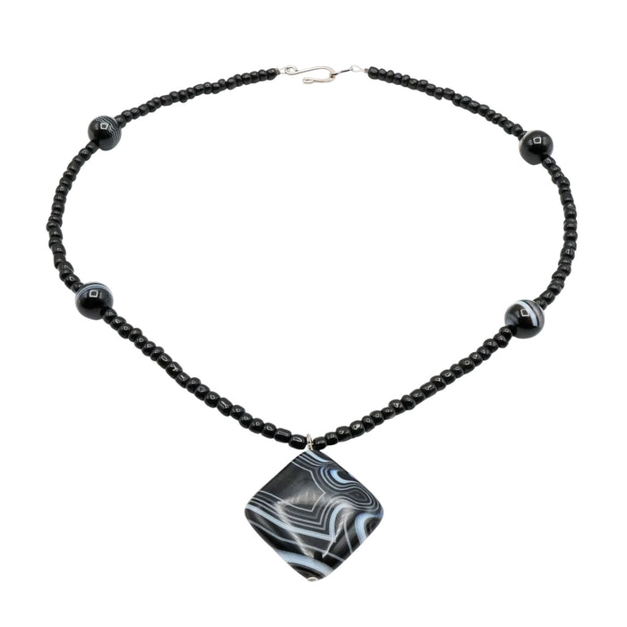 Black Striped Agate Beaded Necklace – 17 Inches