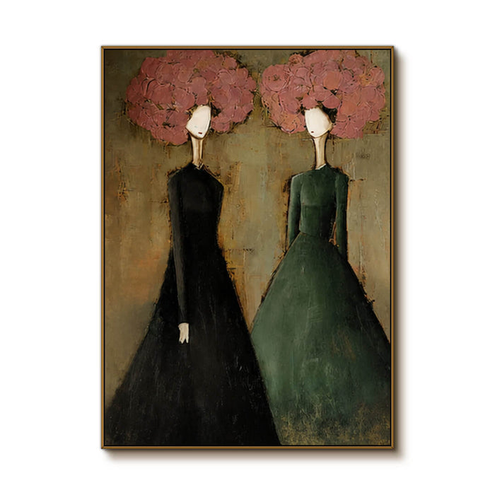 Floral portrait wall art featuring two women with blooming flower crowns and expressive color