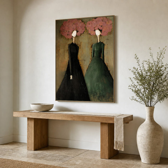 Modern abstract female figure painting with colorful botanical details and rich earthy tones