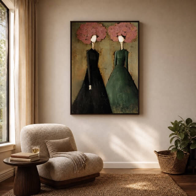 Hand-painted floral portrait canvas art for a contemporary living room or bedroom