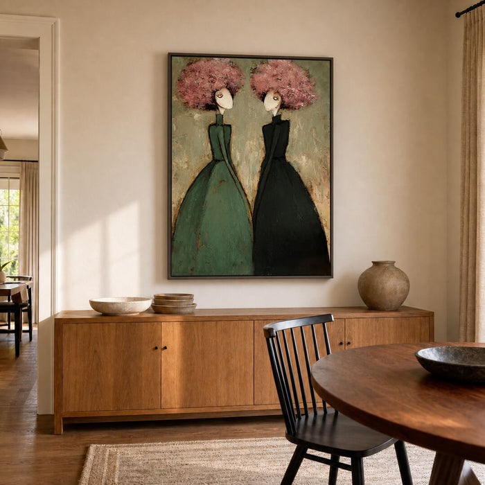 Modern figurative canvas painting with colorful botanical forms and textured brushwork
