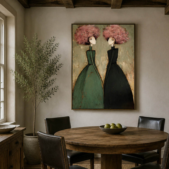 Hand-painted abstract woman portrait with floral elements for modern home decor