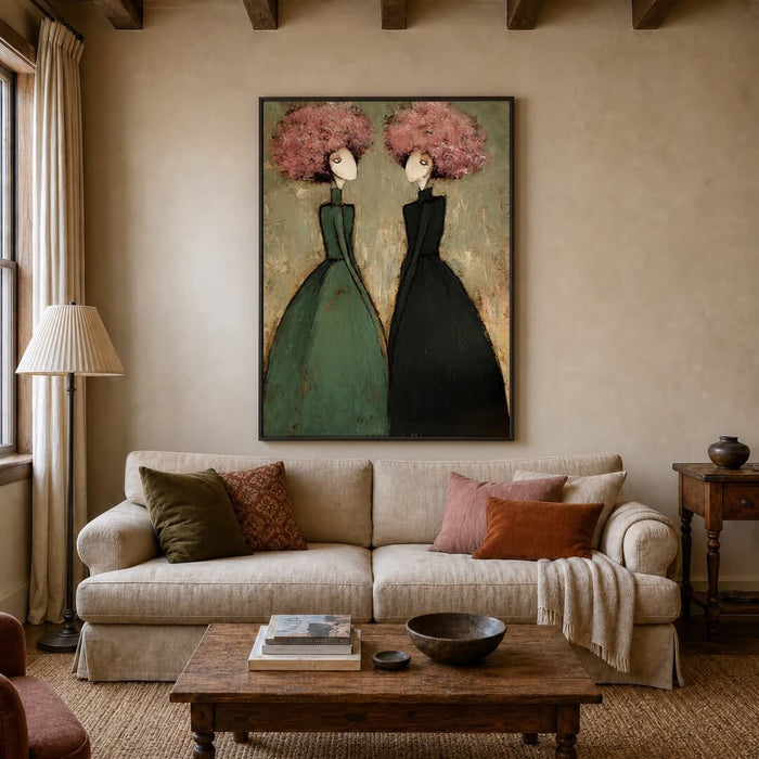 Large vertical female portrait wall art displayed in a contemporary interior