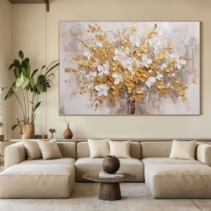 Hand-Painted Floral Tree Artwork in Gold & Ivory - Modern Luxury Home Decor - Bloomfire - Hues Art Lab